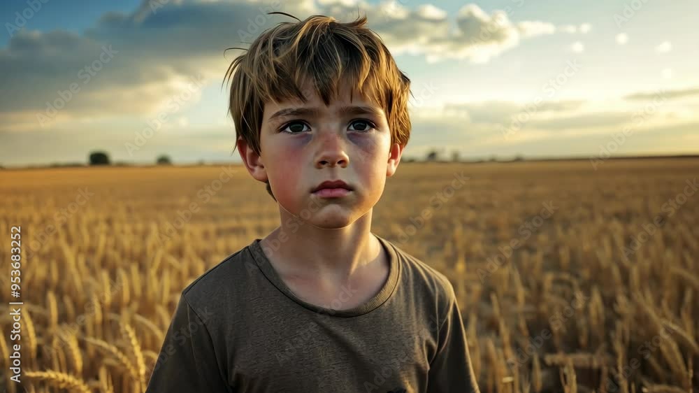 Young boy standing alone in a vast golden field during sunset with expressive facial emotions Young boy standing alone in a vast golden field during sunset with expressive facial emotions