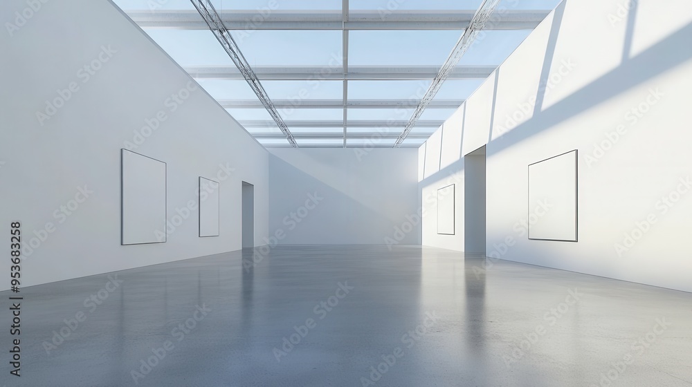 Modern open ceiling with sky view gallery interior with concrete flooring. Art and exhibition design concept. 3D Rendering Modern open ceiling with sky view gallery interior with concrete flooring. Art and exhibition design concept. 3D Rendering