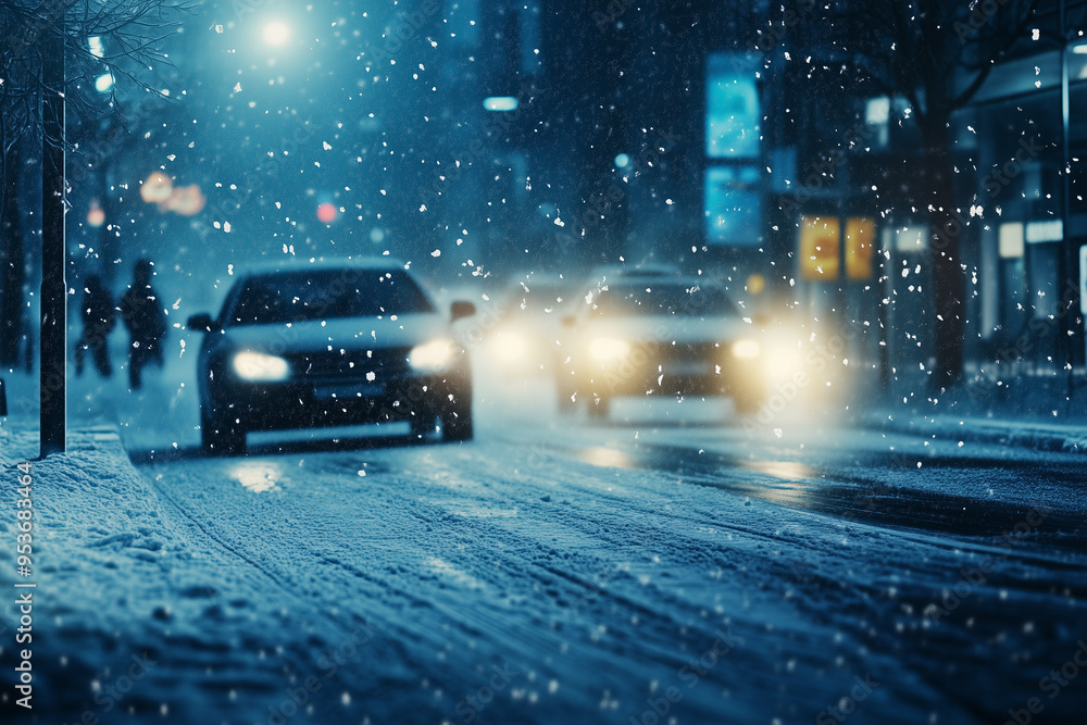Fototapeta premium City street during heavy snowfall at night with blurred headlights