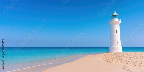 Fototapeta Naklejka Na Ścianę i Meble -  Beautiful sea beach with lighthouse on sunny day with blue sky background