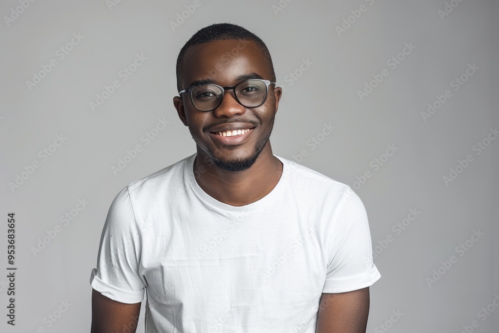 Young black man in white shirt and glasses posing for portrait. Young black man in white shirt and glasses posing for portrait.