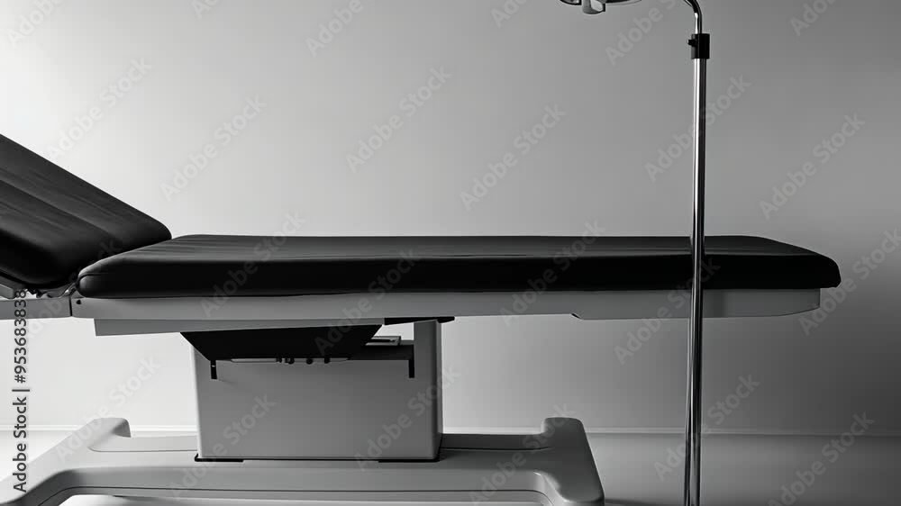 Examination room setup with a medical examination table and lamp in a clean, well-lit environment Examination room setup with a medical examination table and lamp in a clean, well-lit environment