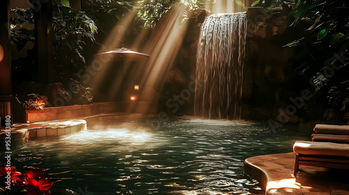A serene indoor pool with a...