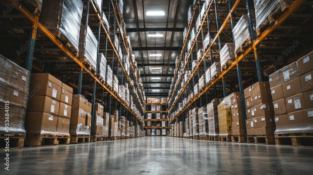 Wide-angle view of a logistics warehouse packed with stored inventory, featuring an organized setup with clearly labeled shelves and stacked pallets. Wide-angle view of a logistics warehouse packed with stored inventory, featuring an organized setup with clearly labeled shelves and stacked pallets.