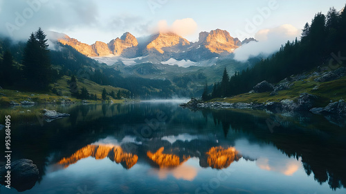 A serene mountain lake refl...