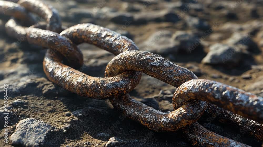 Exploring a weathered metal chain resting on rocky terrain in an outdoor setting Exploring a weathered metal chain resting on rocky terrain in an outdoor setting