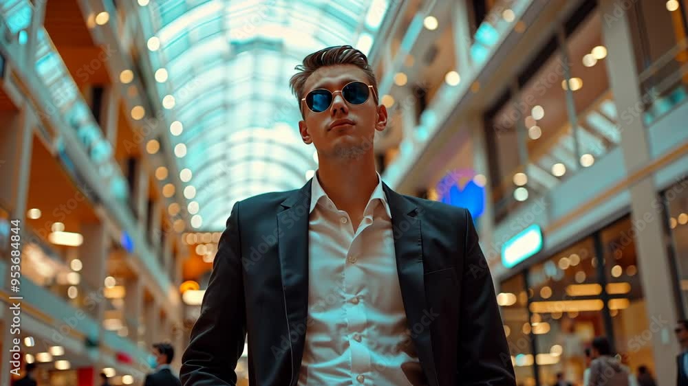 A stylish young man poses confidently in a modern shopping mall during a bright afternoon A stylish young man poses confidently in a modern shopping mall during a bright afternoon