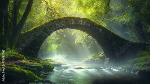 A serene landscape featuring an ancient stone bridge over a tranquil river. Lush greenery surrounds the scene. Ideal for nature lovers and outdoor enthusiasts. AI photo