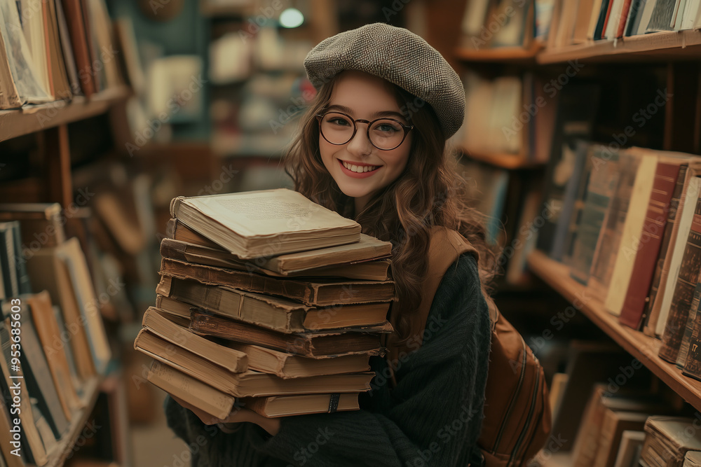Young woman holding many books in the library, learning Young woman holding many books in the library, learning
