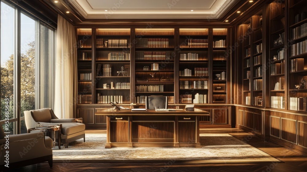 Luxurious Home Office with Large Bookcases and Desk Luxurious Home Office with Large Bookcases and Desk