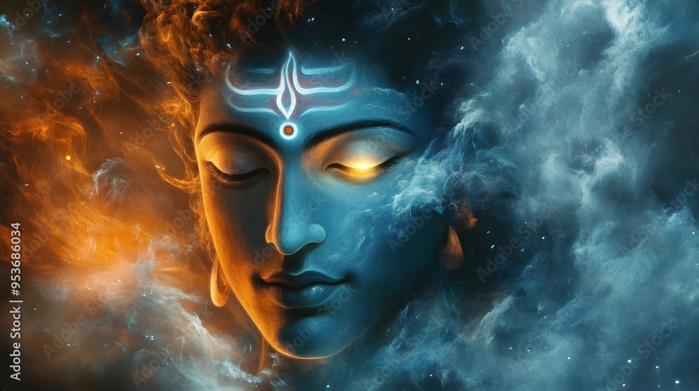 A close-up of Shiva, the Hindu god of destruction and transformation, with his third eye open, surrounded by swirling orange and blue clouds. A close-up of Shiva, the Hindu god of destruction and transformation, with his third eye open, surrounded by swirling orange and blue clouds.
