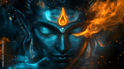 A digital painting of the Hindu god Shiva, with flames and blue energy surrounding his face.