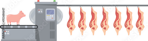 Industrial butchery illustration. Cartoon meat production manufacture