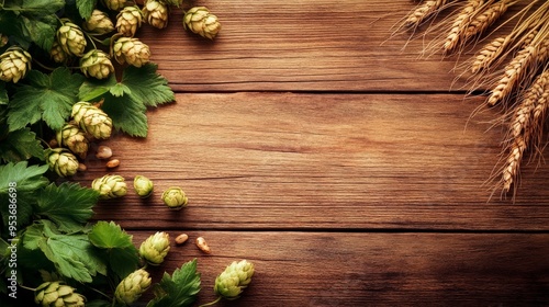 Beer Hops and Wheat on Rustic Wooden Background with Leaves and Grain