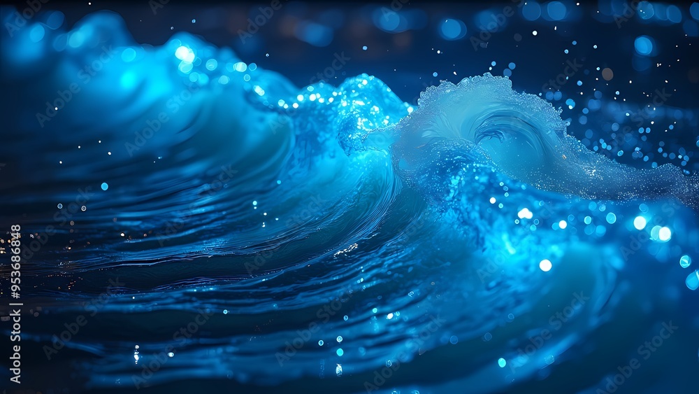 Abstract Bright Blue Light Waves Rippling Across a Dark Ocean-Like Surface Abstract Bright Blue Light Waves Rippling Across a Dark Ocean-Like Surface