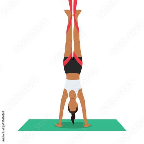 Young woman doing Handstand Pose Aerial or Adho Mukha Vrksasana Aerial yoga exercise. Flat vector illustration isolated on white background