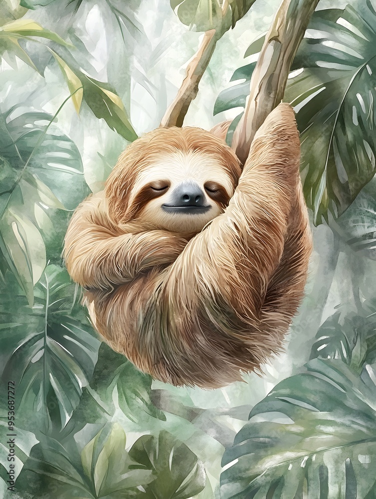 Fototapeta premium Sleepy Sloth Hanging Gently from Branch in Serene Pastel Toned Watercolor Atmosphere