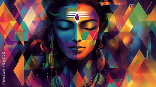 A vibrant and abstract depiction of Shiva, a Hindu deity, with a geometric background.