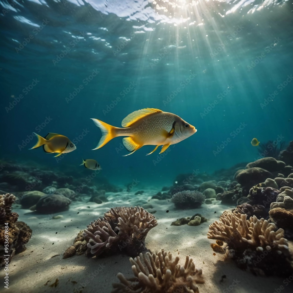 Naklejka premium Fish swim gracefully near coral reefs in a pristine underwater scene illuminated by sunlight filtering through the ocean surface. The vibrant marine life thrives in clear blue waters. Generative AI