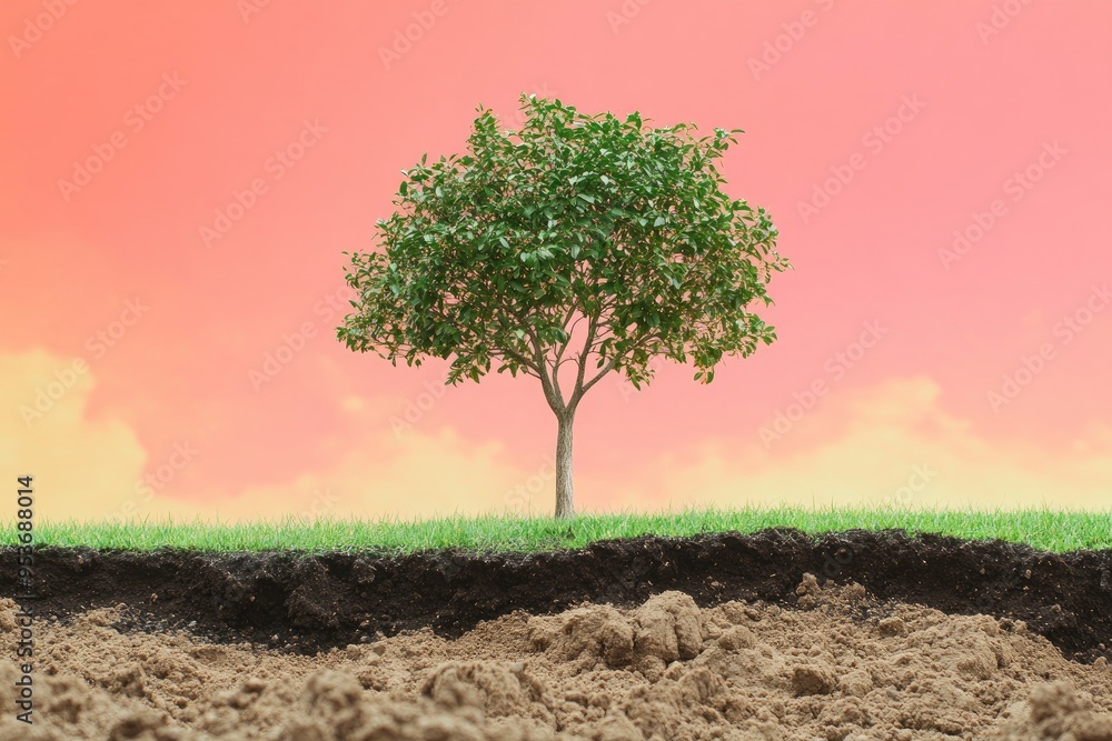A grown tree on fertile land with green grass and a colored background. Environment and climate change concept with generative ai A grown tree on fertile land with green grass and a colored background. Environment and climate change concept with generative ai