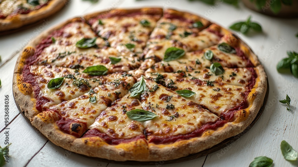 A delicious pizza with melted cheese and fresh basil on a rustic wooden surface A delicious pizza with melted cheese and fresh basil on a rustic wooden surface