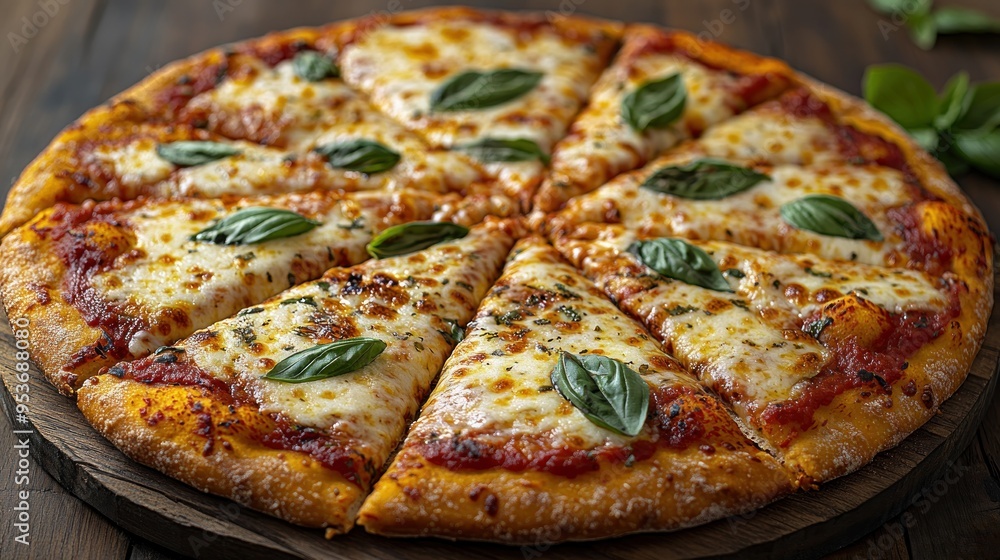 A mouthwatering pizza with basil leaves and bubbling cheese inviting you to indulge A mouthwatering pizza with basil leaves and bubbling cheese inviting you to indulge