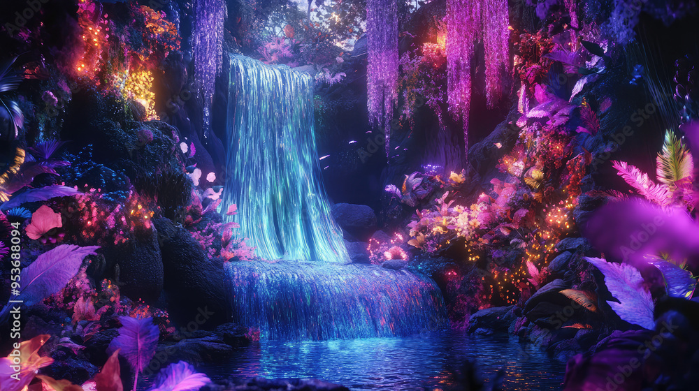 Fototapeta premium A stunning, colorful fantasy world showcasing vibrant forests and radiant, glowing waterfalls.
