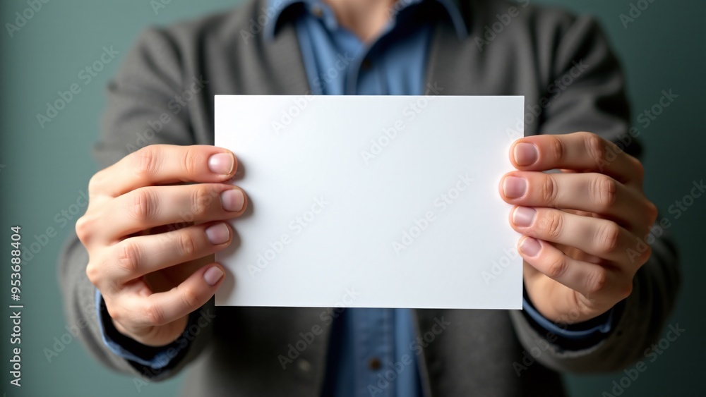 A person holding a blank white card towards the camera A person holding a blank white card towards the camera