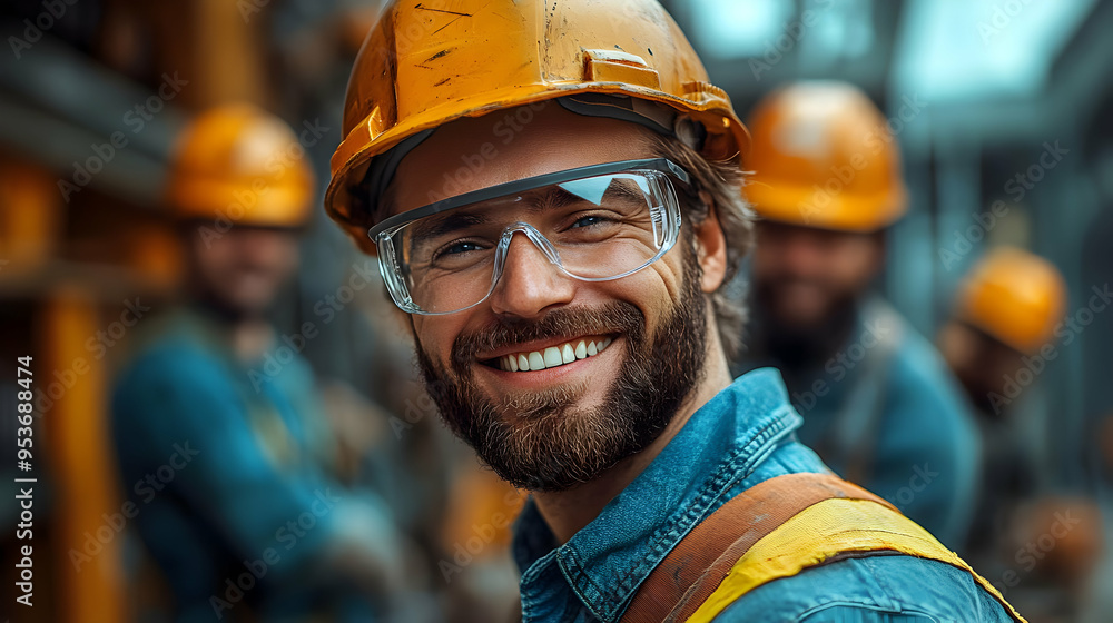 A smiling construction worker in a hard hat and safety glasses looks directly at the camera. A smiling construction worker in a hard hat and safety glasses looks directly at the camera.