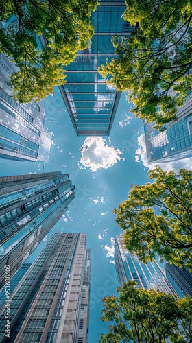 Asia Business concept for real estate and corporate construction - looking up view of panoramic modern city skyline with blue sky in tokyo