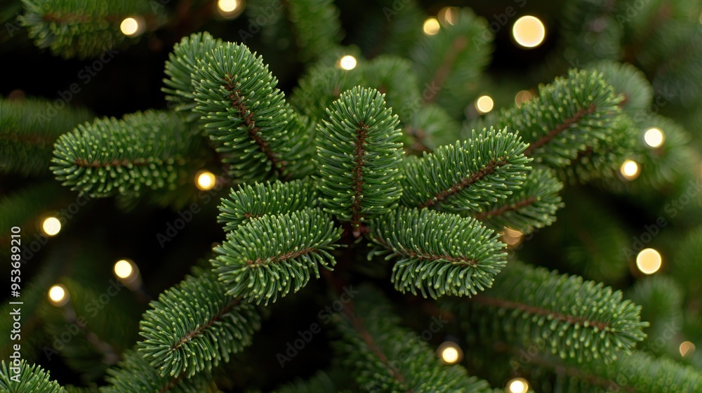 Fresh green evergreen branches sparkle with soft, warm lights, bringing festive cheer Fresh green evergreen branches sparkle with soft, warm lights, bringing festive cheer