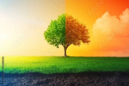 A grown tree on fertile land with green grass and a colored background. Environment and climate change concept with generative ai