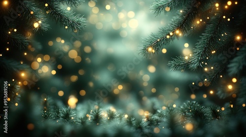 Twinkling lights softly glow among lush evergreen branches, creating a magical atmosphere