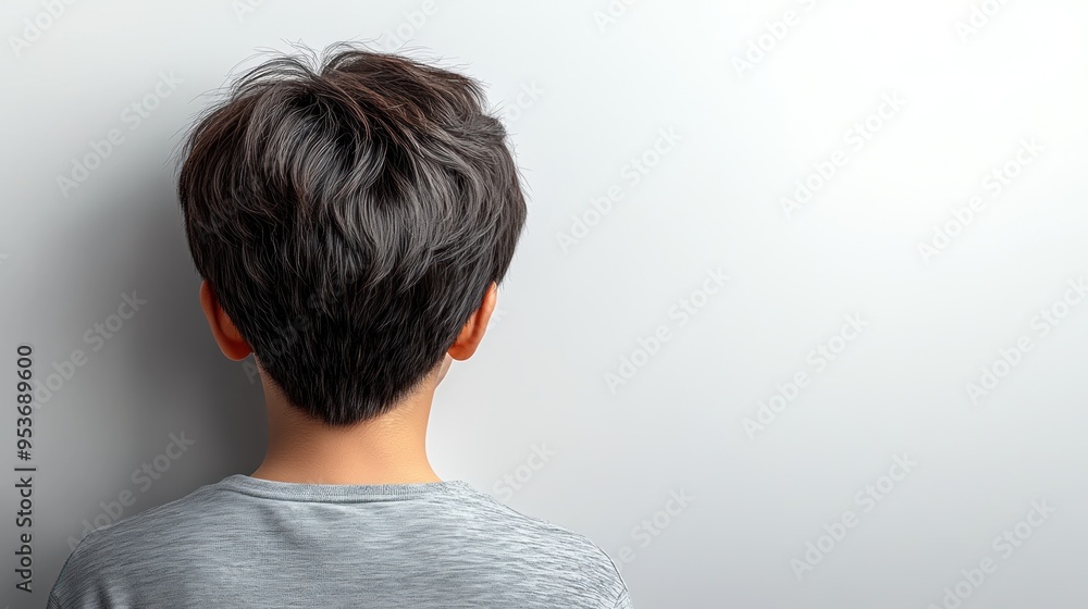 A young boy contemplates quietly while facing a plain wall, immersed in thought A young boy contemplates quietly while facing a plain wall, immersed in thought