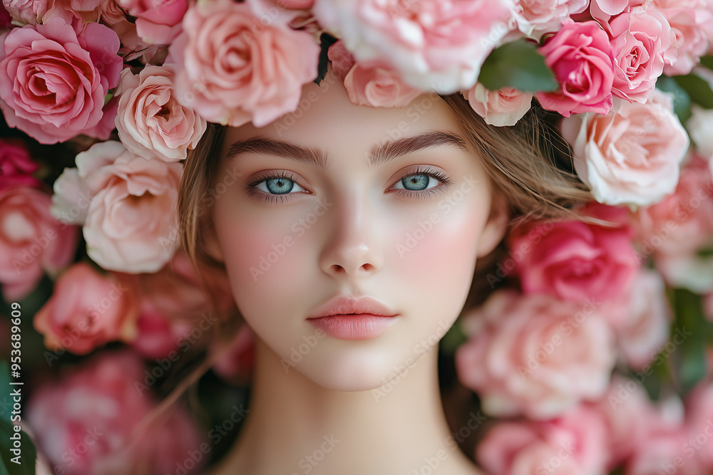 Portrait of a beautiful young woman surrounded by pink roses Portrait of a beautiful young woman surrounded by pink roses