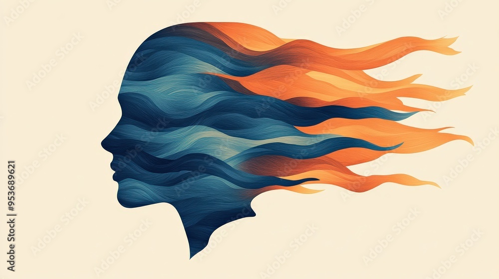 Mind with calming waves, minimalist style, flat design illustration on white background, copy space for stock photo with minimal concept, No logo, No Trademark, No text