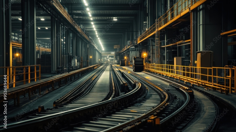 Fototapeta premium Industrial Railway Tracks in a Darkened Factory Setting