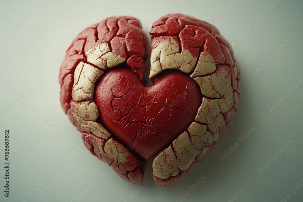 Broken heart inside a brain, minimalist concept, flat design illustration on white background, copy space for stock photo with minimal concept, No logo, No Trademark, No text Broken heart inside a brain, minimalist concept, flat design illustration on white background, copy space for stock photo with minimal concept, No logo, No Trademark, No text