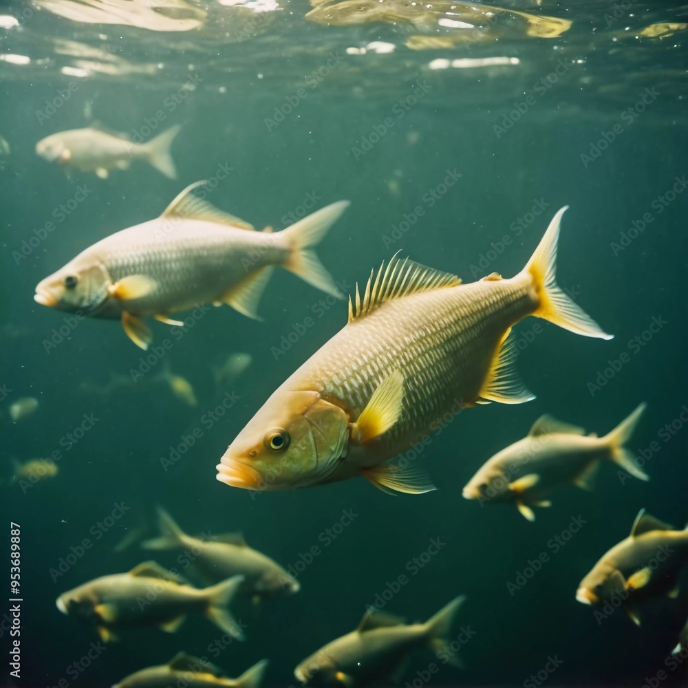 Naklejka premium Fish swim gracefully in sea pristine underwater scene illuminated by sunlight filtering through the ocean surface. The vibrant marine life thrives in clear blue waters. Generative AI