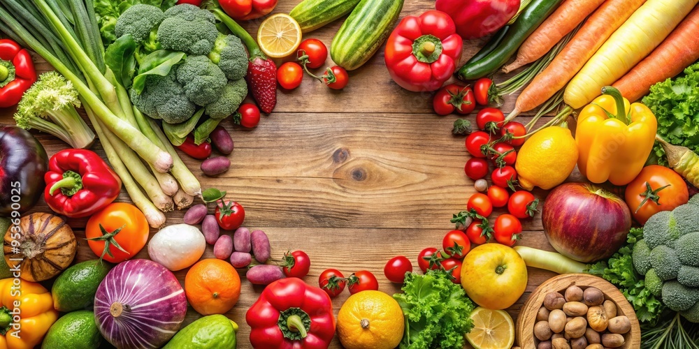 Vibrant display of fresh vegetables on a rustic wooden table, showcasing a colorful array of organic produce, perfect for promoting healthy eating, farm-to-table dining, and a balanced diet.
Vibrant display of fresh vegetables on a rustic wooden table, showcasing a colorful array of organic produce, perfect for promoting healthy eating, farm-to-table dining, and a balanced diet.