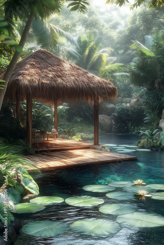 A pavilion with a thatched roof next to a pond surrounded by nature.