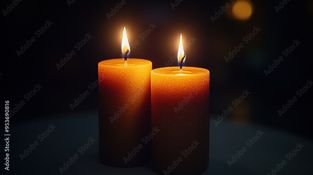 Two candles flicker softly, creating an intimate atmosphere perfect for quiet moments Two candles flicker softly, creating an intimate atmosphere perfect for quiet moments