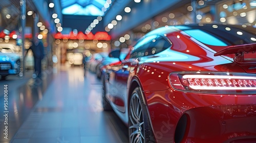 Blur view of new modern car in showroom