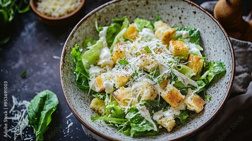 Caesar salad top view, concept of healthy, balanced diet Caesar salad top view, concept of healthy, balanced diet