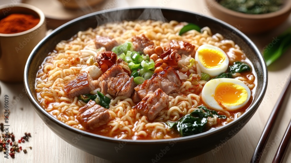 Savor delicious ramen with tender pork, fresh greens, and a soft-boiled egg Savor delicious ramen with tender pork, fresh greens, and a soft-boiled egg
