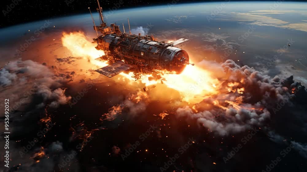 Spacecraft experiencing a catastrophic explosion over Earth at dusk Spacecraft experiencing a catastrophic explosion over Earth at dusk