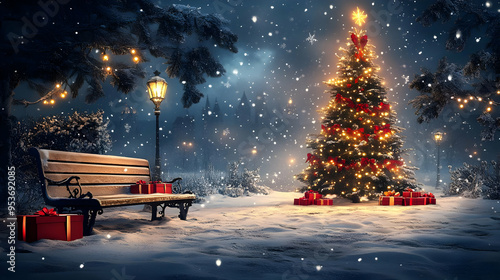 A snow-covered park bench s...