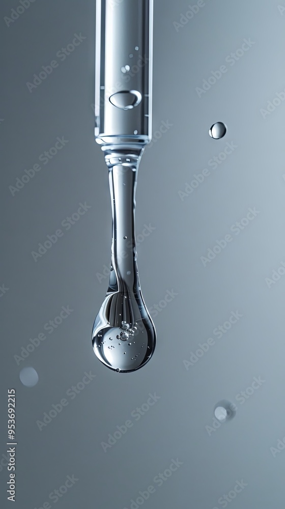 Clear glass pipette with a drop of cosmetic product falling down Clear glass pipette with a drop of cosmetic product falling down
