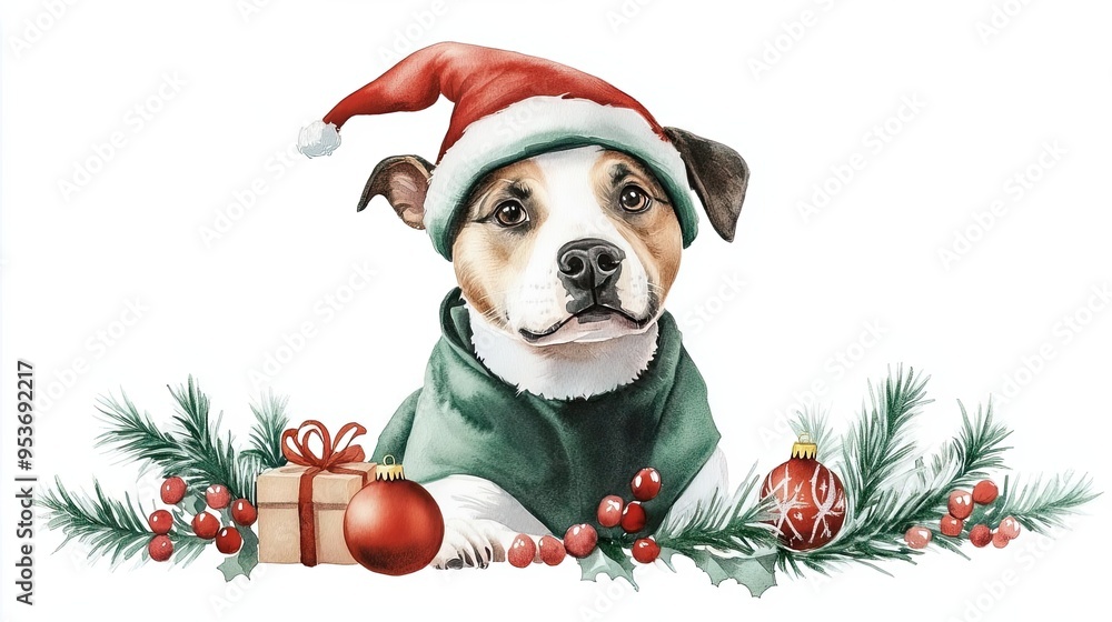 Dog in elf costume, surrounded by festive chaos, Dog in elf costume, surrounded by festive chaos,
