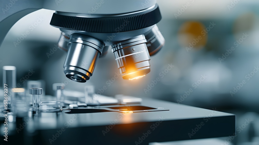Close-up of a microscope with illuminated lenses, showcasing advanced laboratory equipment for scientific research and discovery. Close-up of a microscope with illuminated lenses, showcasing advanced laboratory equipment for scientific research and discovery.